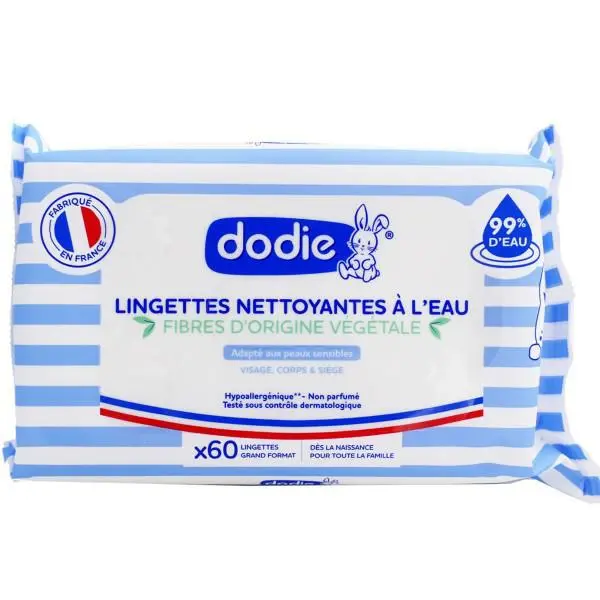 Lingettes Nettoyantes a L’eau DODIE, 3 en 1 bio x 60