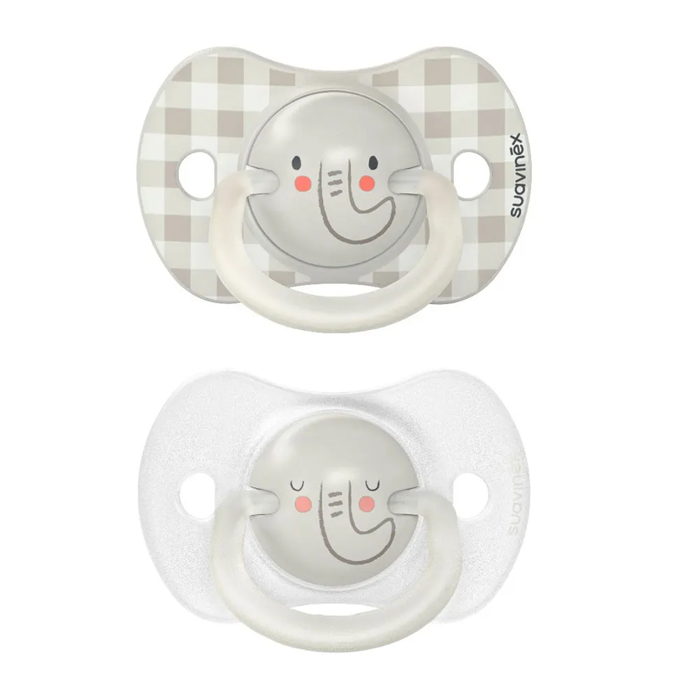 Suavinex, Lot de 2 Sucettes Phosphorescentes ( 0-6 Mois) Tétine Symétrique, Gris