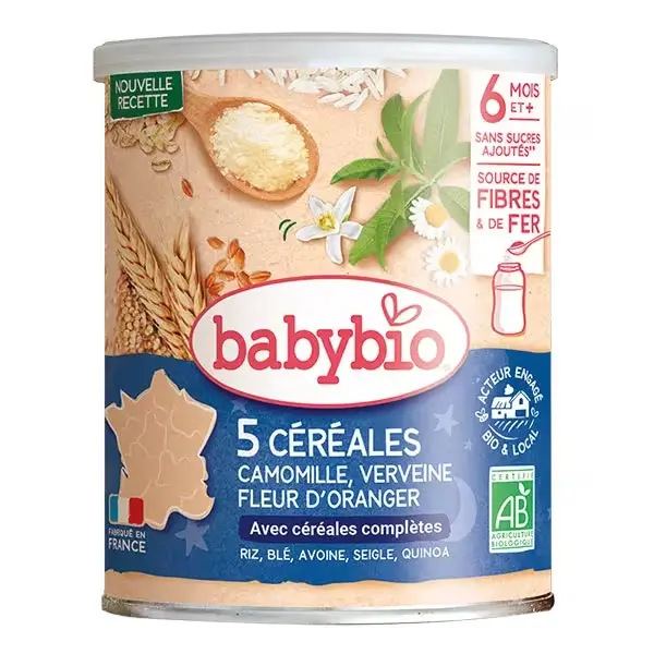 BABYBIO 5 CEREALES VERVEINE FLEUR D'ORANGER CAMOMILLE +6MOIS 220G