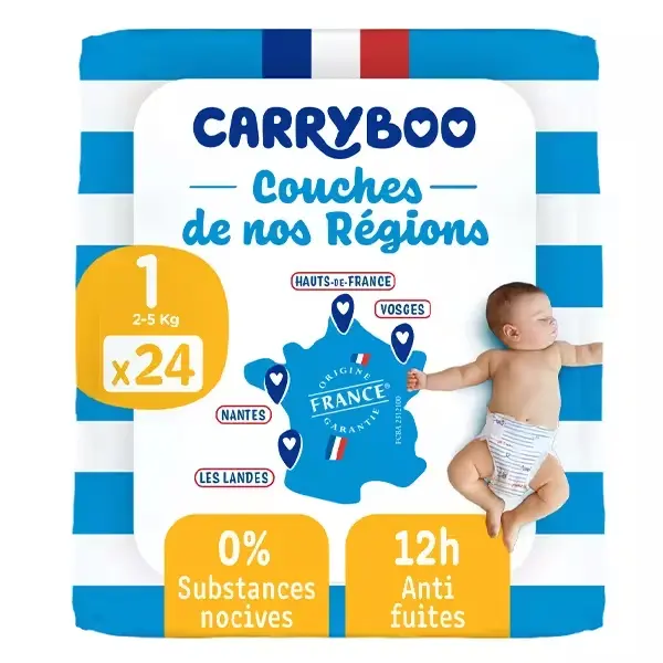 Carryboo Couches de nos Régions Taille 1 (2-5kg) - 24 Unités
