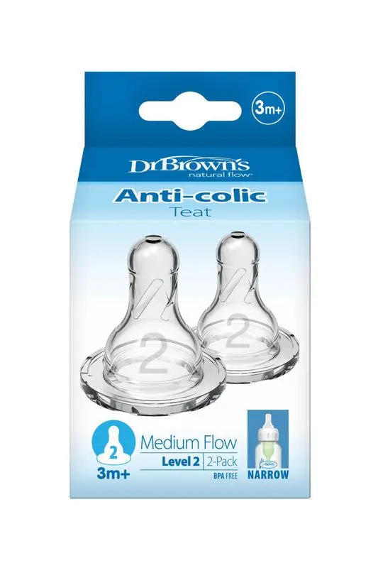 Dr Brown's Pack 2 Tétines Anti Colique  Col Etroit en Silicone  3m+ 
