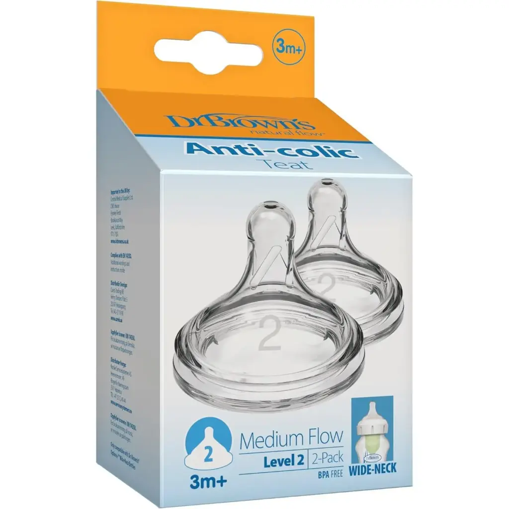 Dr Brown's  Pack 2 Tétines Anti Colique Col Large en Silicone  3m+  