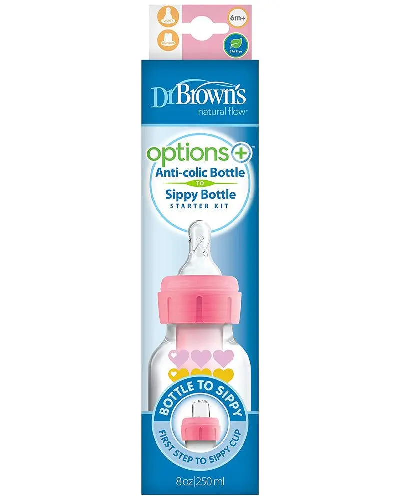 Dr. Brown’s Biberon Col étroit 250ml Rose 6m+ avec tétine L3 et embout