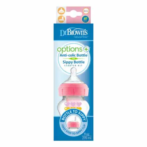 Dr. Brown’s Biberon Col étroit 270ml Rose 6m+ avec tétine L3 et embout