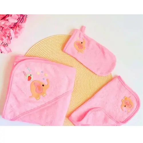 Pack cape de Bain Bébé 3 Pièces en Coton |Éléphant 70 × 70 cm Rose
