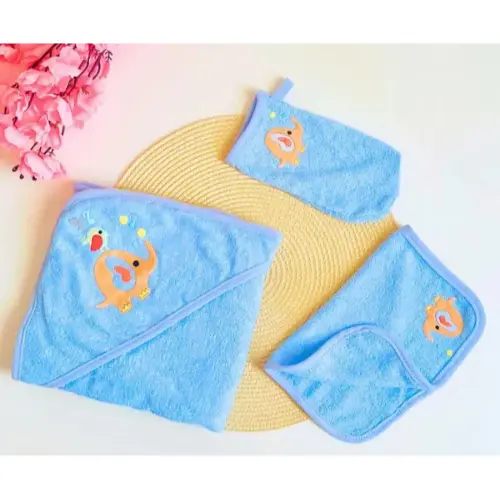 Pack cape de Bain Bébé 3 Pièces en Coton |Éléphant 70 × 70 cm Bleu