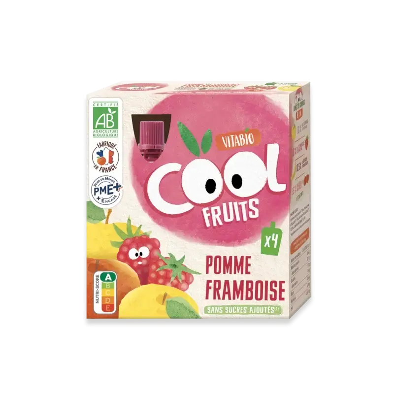 Compote en gourde Vitabio Cool Fruits Pomme & Framboise – Compote en gourde 4×90 g