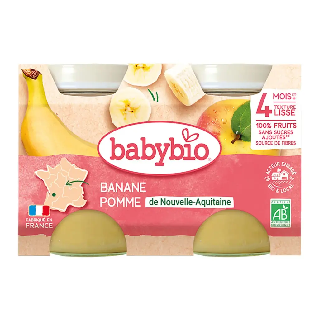 BABYBIO Pots Pomme Banane d’Aquitaine 4mois+ 2x130g
