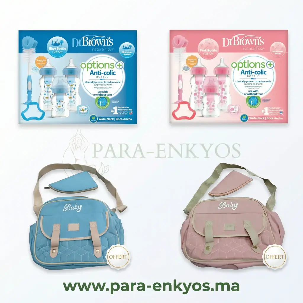 Dr Brown’s Pack cadeau Anti-colique à Cole large – Bleu ou Rose avec Trousse + Sac Bébé Offert (Rose)
