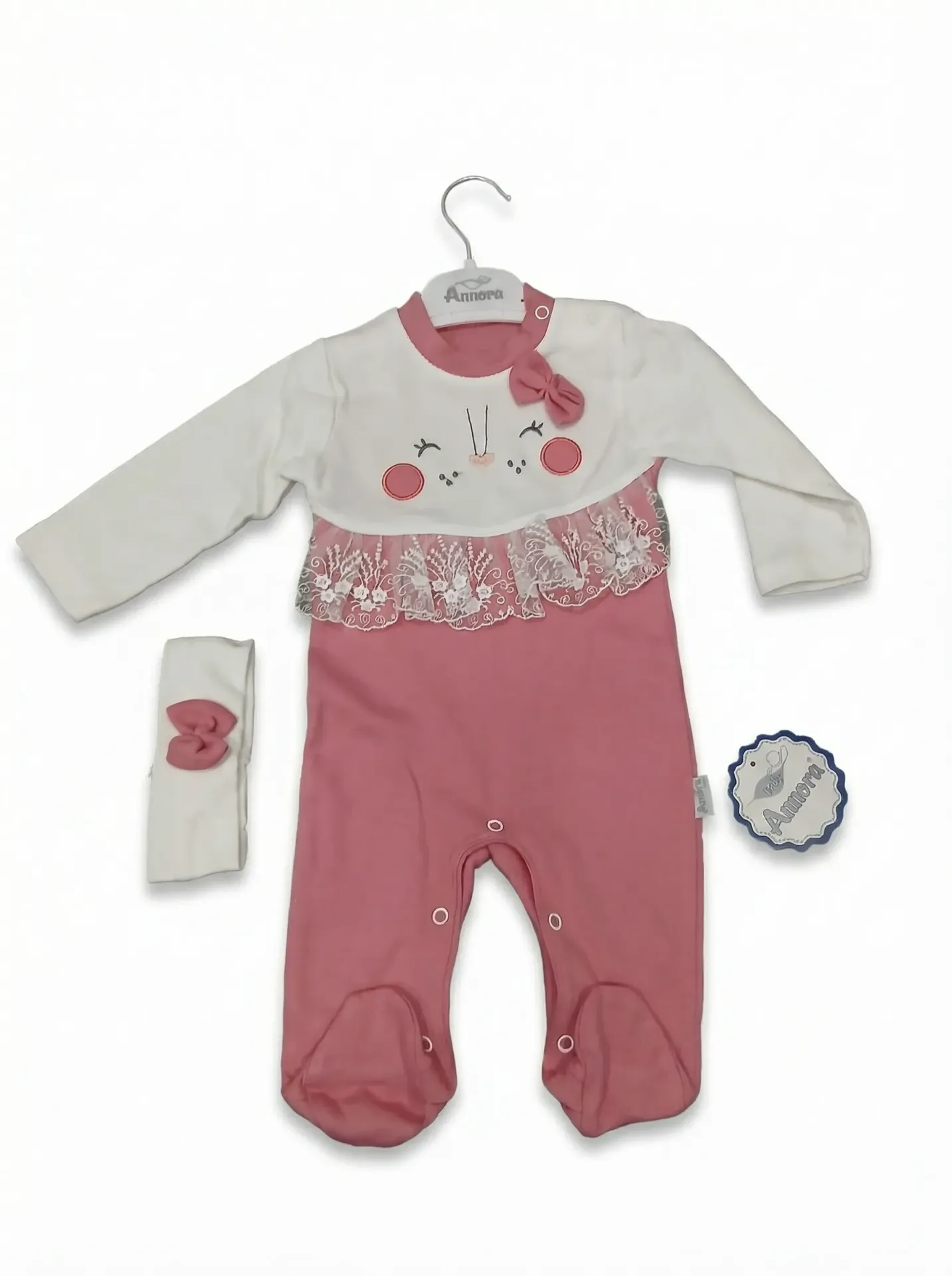 Grenouillères + Bandeau Noeud pour Bébé 0-3mois Rose&Blanc | Amora