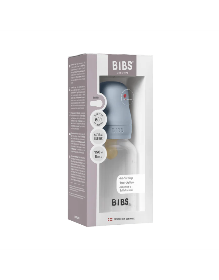 Bibs Biberon en Plastique rond avec tétine en silicone ou en latex débit moyen 150ml – Baby Blue