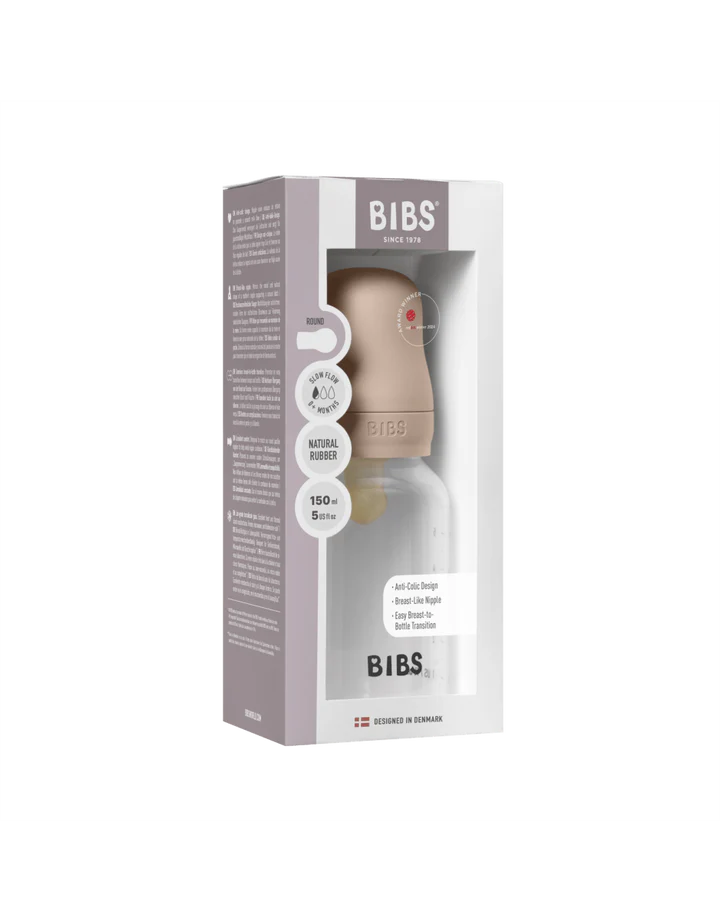 Bibs Biberon en Plastique rond avec tétine en silicone ou en latex débit lent 150ml – Rose Poudré (Latex)