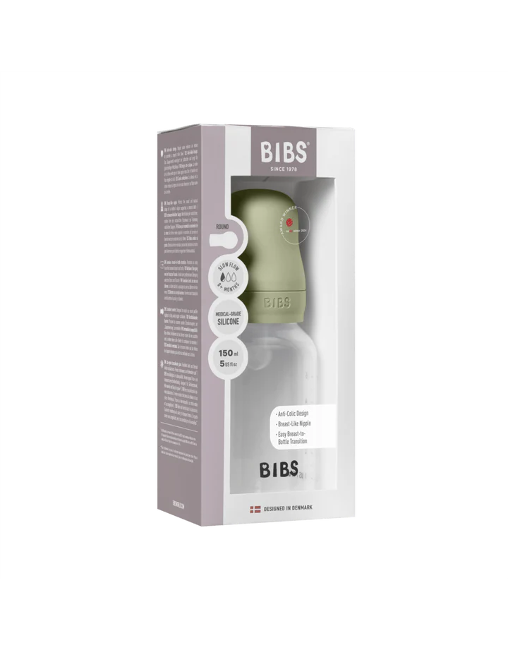 Bibs Biberon en Plastique rond avec tétine en silicone ou en latex débit lent 150ml – Sauge (Latex)
