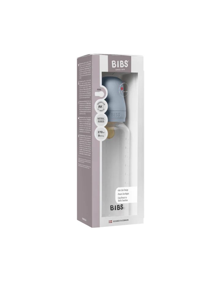 Bibs Biberon en Plastique rond avec tétine en silicone ou en latex débit moyen 270ml – Baby Blue