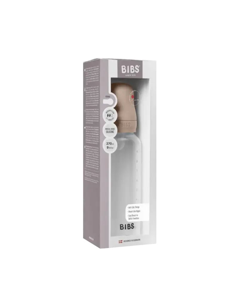 Bibs Biberon en Plastique rond avec tétine en silicone ou en latex débit moyen 270ml – Rose Poudré (Latex)