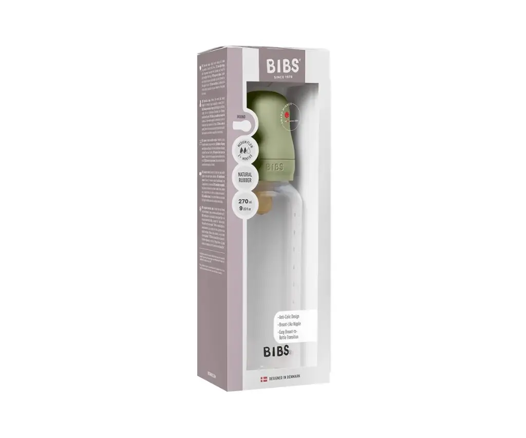 Bibs Biberon en Plastique rond avec tétine en silicone ou en latex débit moyen 270ml – Sauge (Latex)