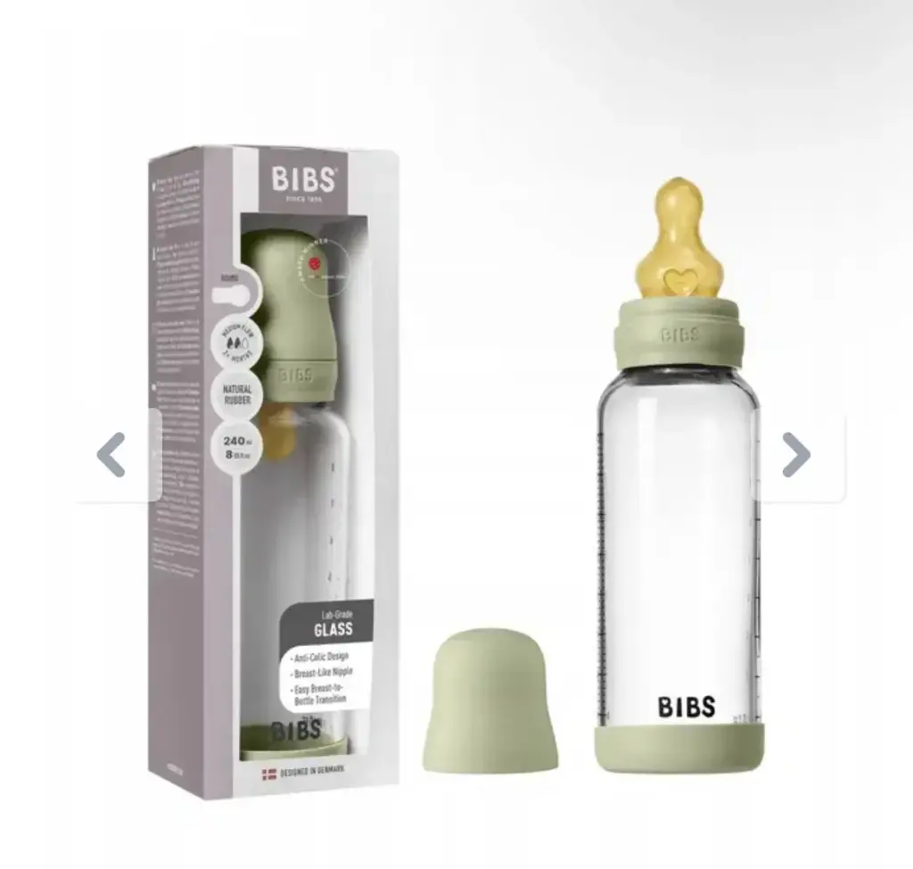 Bibs Biberon en Verre rond avec tétine en silicone ou en latex débit moyen 240ml – Sauge (Latex)