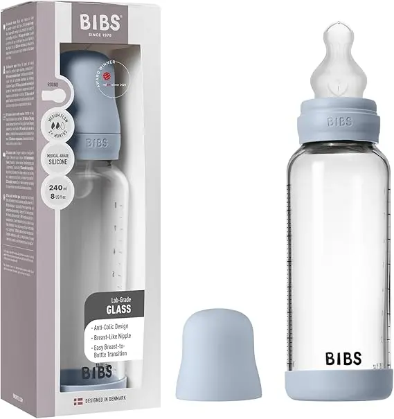 Bibs Biberon en verre rond avec tétine en silicone ou en latex débit moyen 240ml – Baby Blue