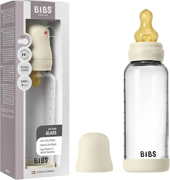 Bibs Biberon en verre rond avec tétine en silicone ou en latex débit moyen 240ml – Ivoire (Latex)