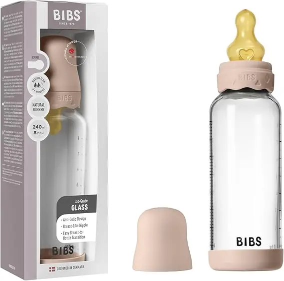 Bibs Biberon en verre rond avec tétine en silicone ou en latex débit moyen 240ml – Rose Poudré (Latex)