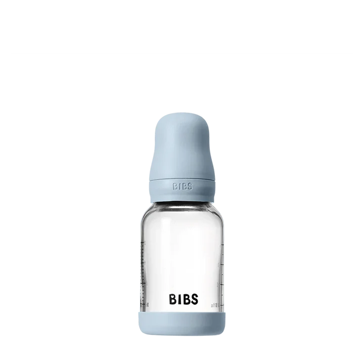 Bibs Biberon en verre rond avec tétine en silicone ou en latex débit lent 120ml – Bleu Clair (Latex)