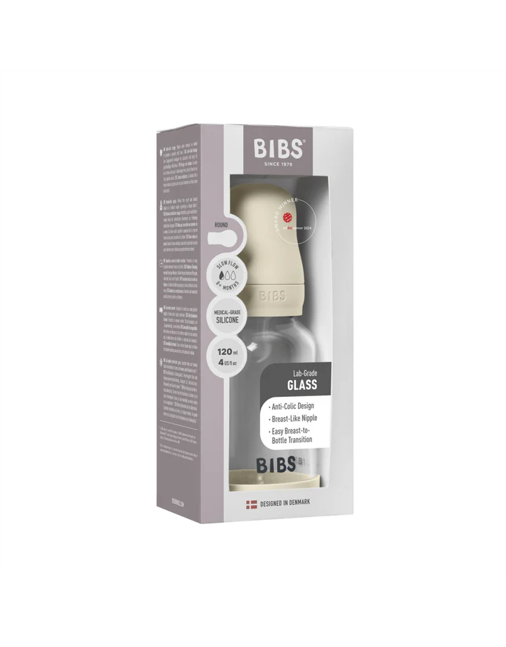 Bibs Biberon en verre rond avec tétine en silicone ou en latex débit lent 120ml – Ivoire (Latex)