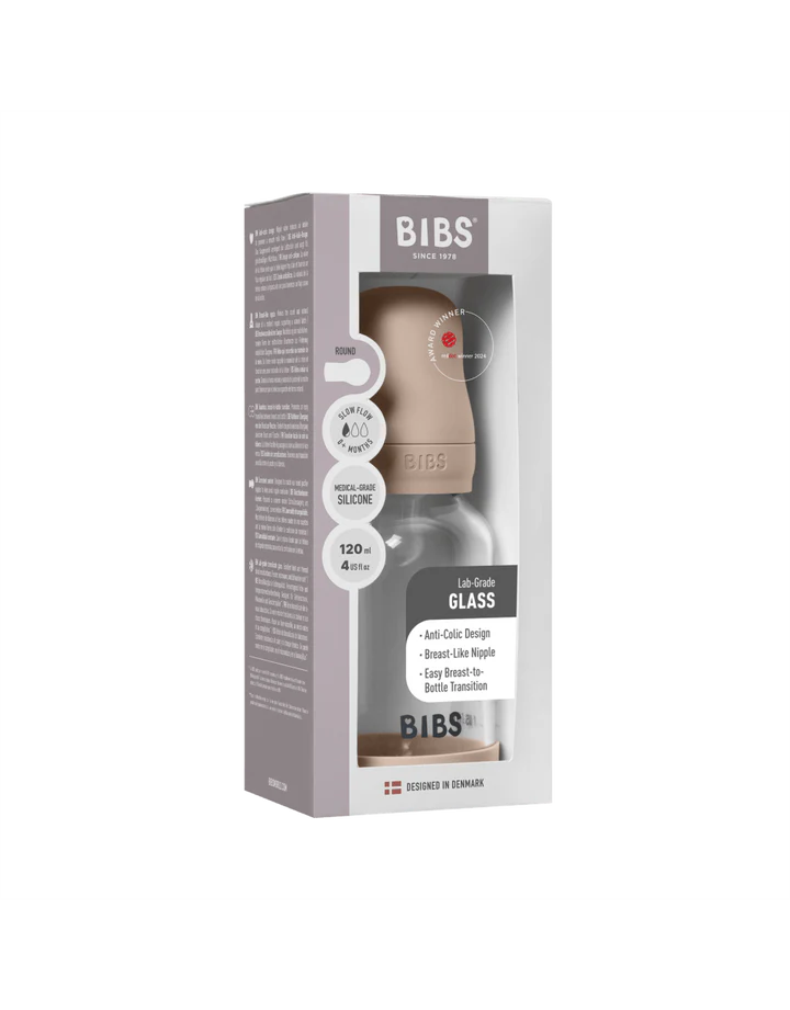 Bibs Biberon en verre rond avec tétine en silicone ou en latex débit lent 120ml – Rose Poudré (Latex)
