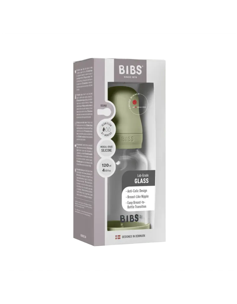 Bibs Biberon en verre rond avec tétine en silicone ou en latex débit lent 120ml – Sauge (Latex)