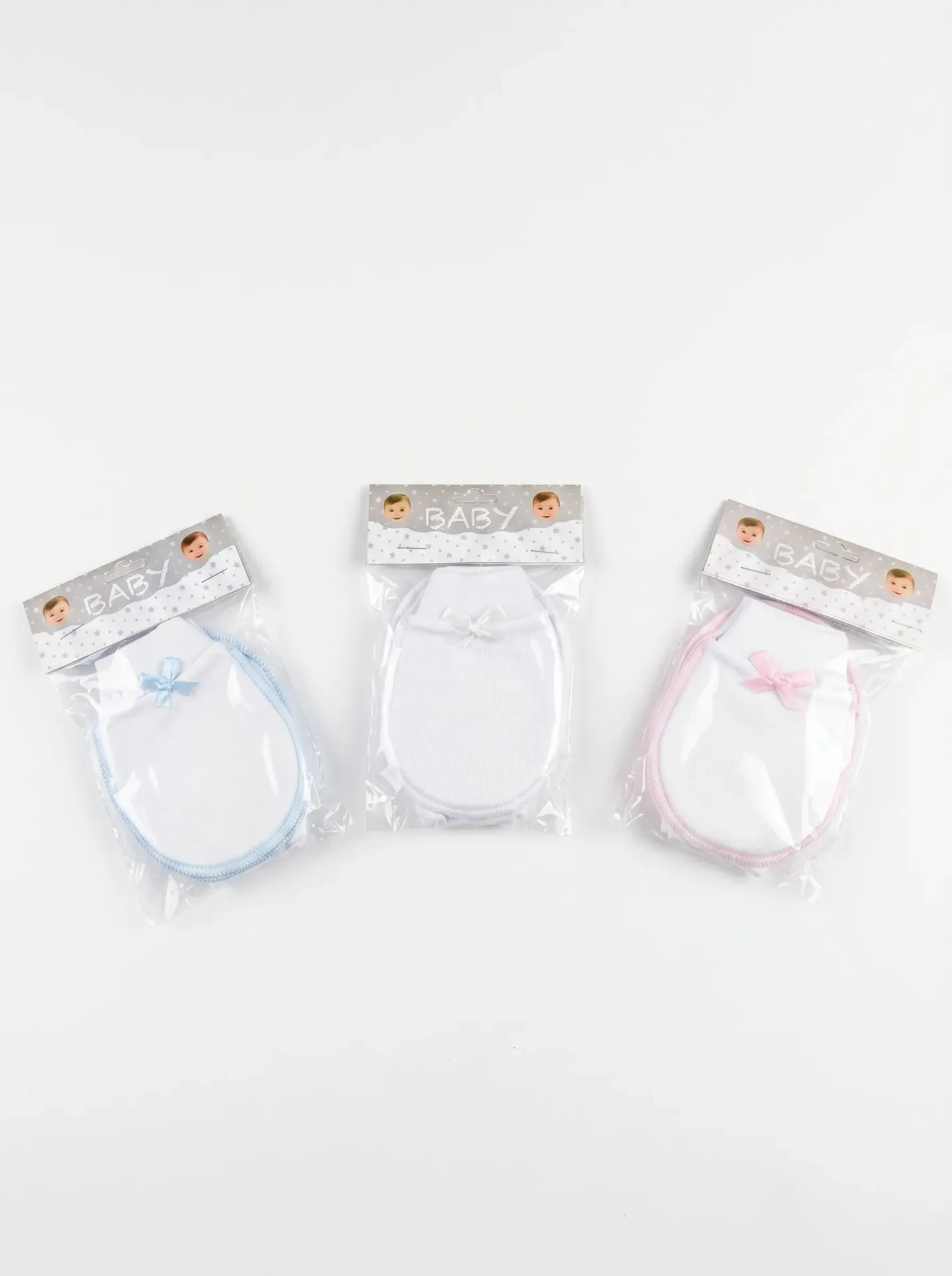 Pack 2 Paires de Moufles Bébé 0-3mois Blanc/Rose/Bleu avec Nœud