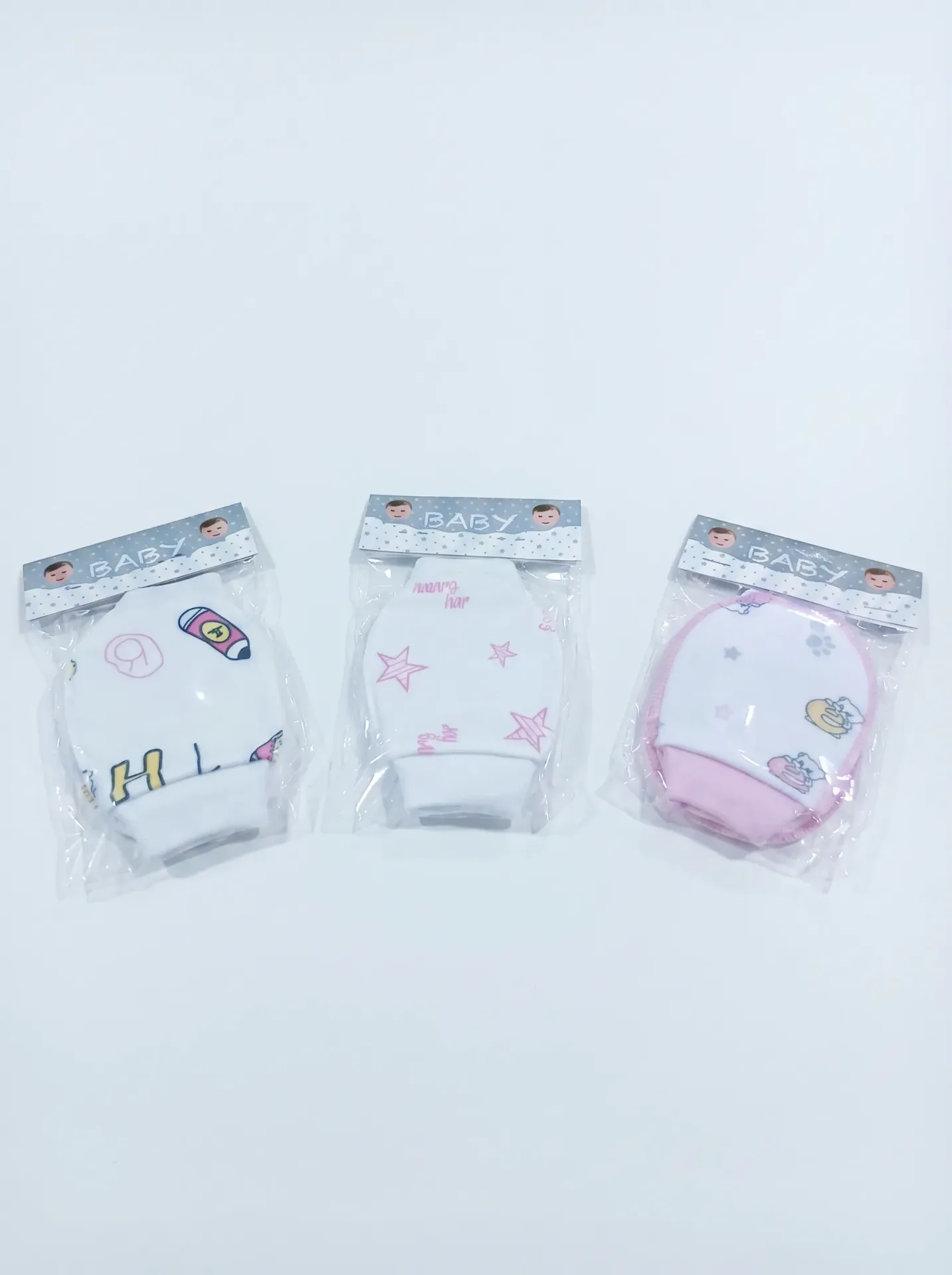 Pack 2 Paires de Moufles Bébé 0-3mois Blanc/Rose/Bleu avec Motifs