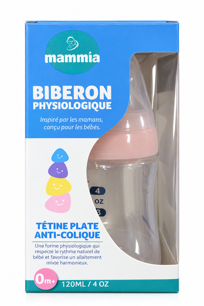 Biberon Physiologique 0m+ Tétine en silicone Plate Anti Colique 120ml – Rose  | Mammia