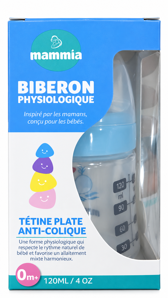 Biberon Physiologique 0m+ Tétine en silicone Plate Anti Colique 120ml – Bleu  | Mammia