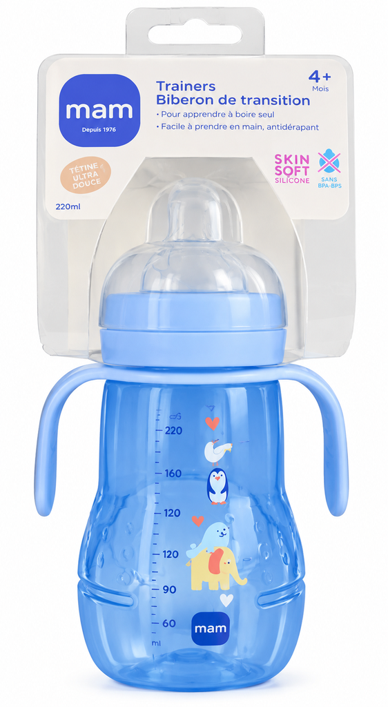 Biberon et tasse de Transition 4m+ 220ml - Bleu  |  MAM