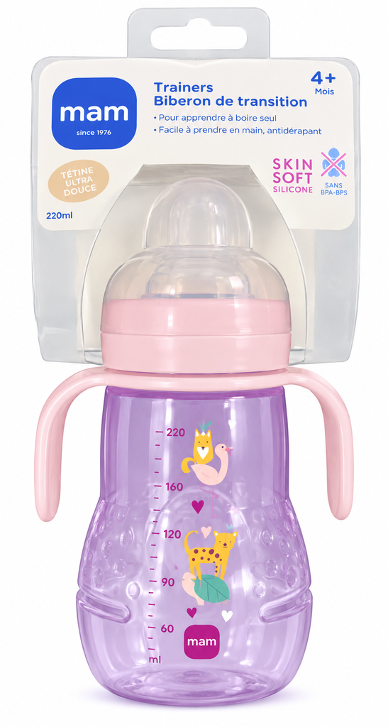 Biberon et tasse de Transition 4m+ 220ml - Rose |  MAM
