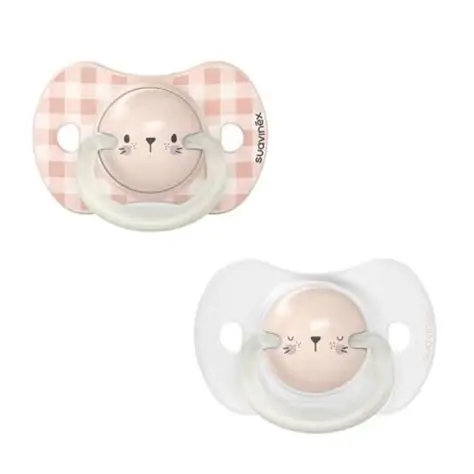 Suavinex, Lot de 2 Sucettes Phosphorescentes ( 0-6 Mois) Tétine Symétrique, Rose