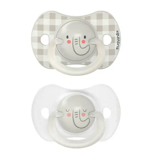 Suavinex, Lot de 2 Sucettes Phosphorescentes ( 0-6 Mois) Tétine Symétrique, Gris