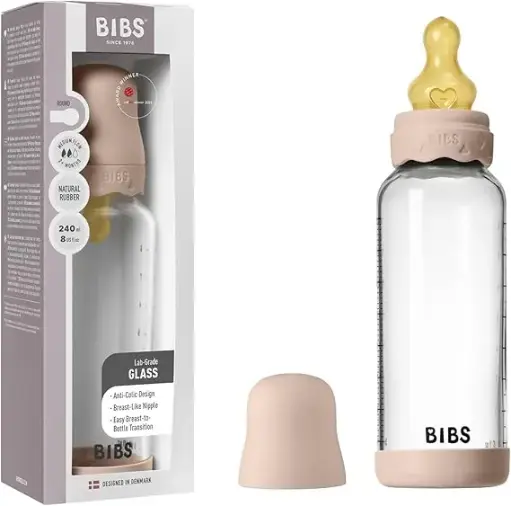 Bibs Biberon en verre rond avec tétine en latex débit moyen 240ml – Rose Poudré