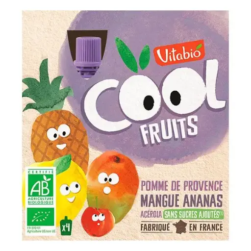 Compote en gourde Vitabio Cool Fruits Pomme & Mangue & Ananas – Compote en gourde 4×90 g